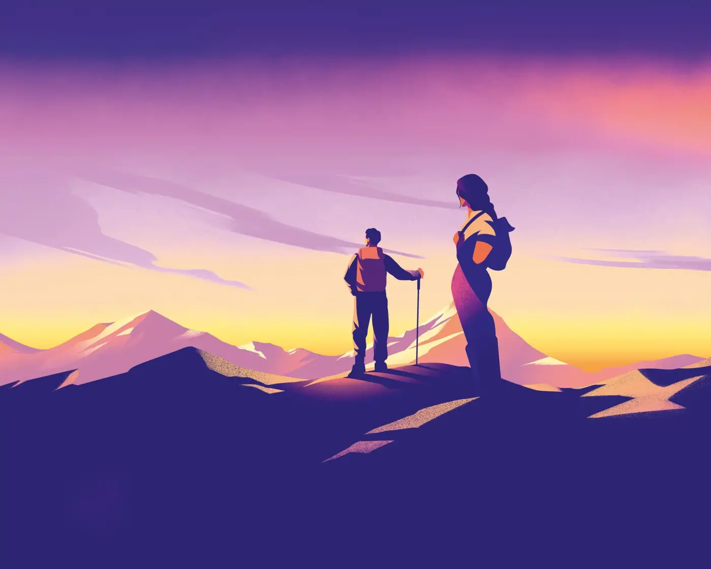 Illustration of two hikers standing on a mountain looking away into the distance.
