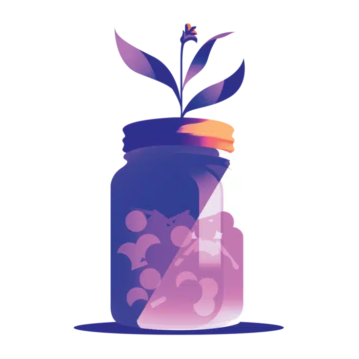 Jar of coins with a flower growing out of it