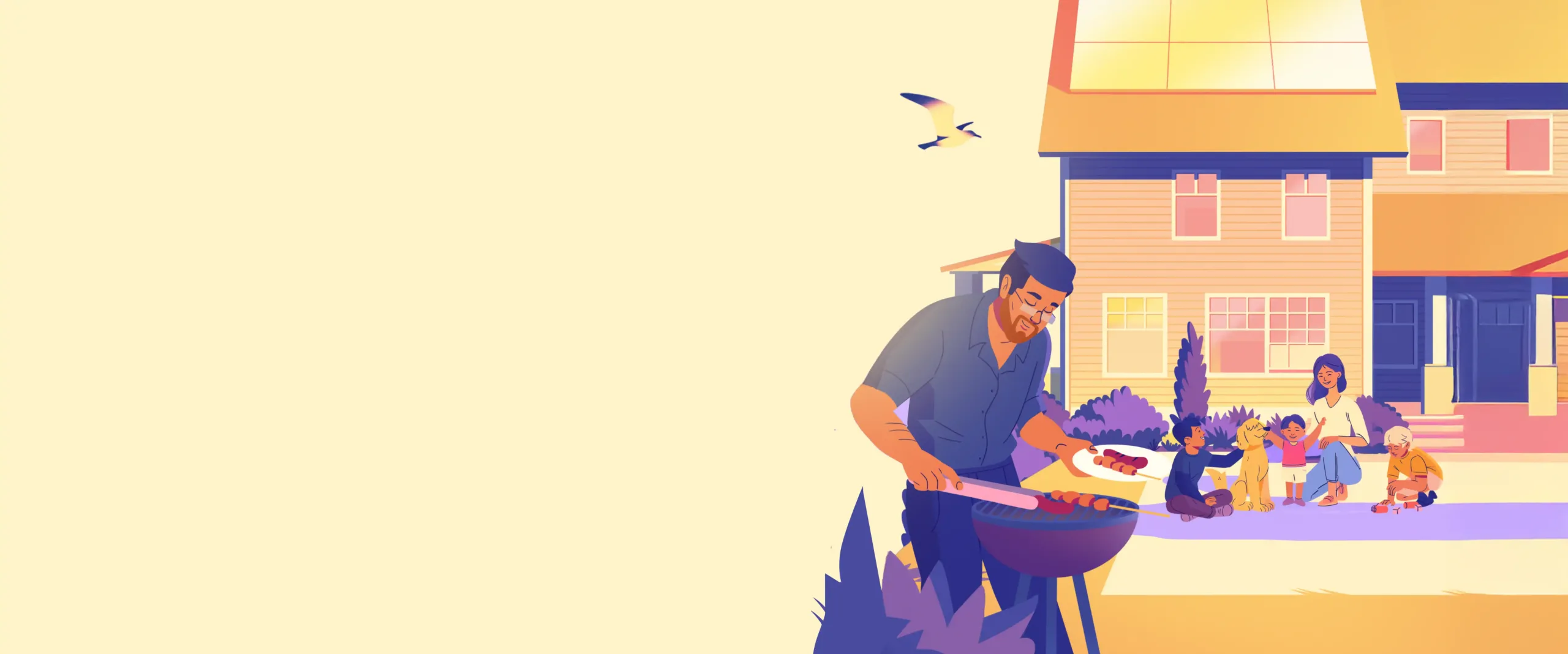 Animated image first time homebuyer grilling outside their home